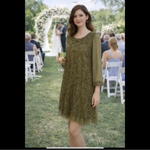 Adorn Olive Rosette Textured Dress Sheer Sleeves Romantic Midi Small